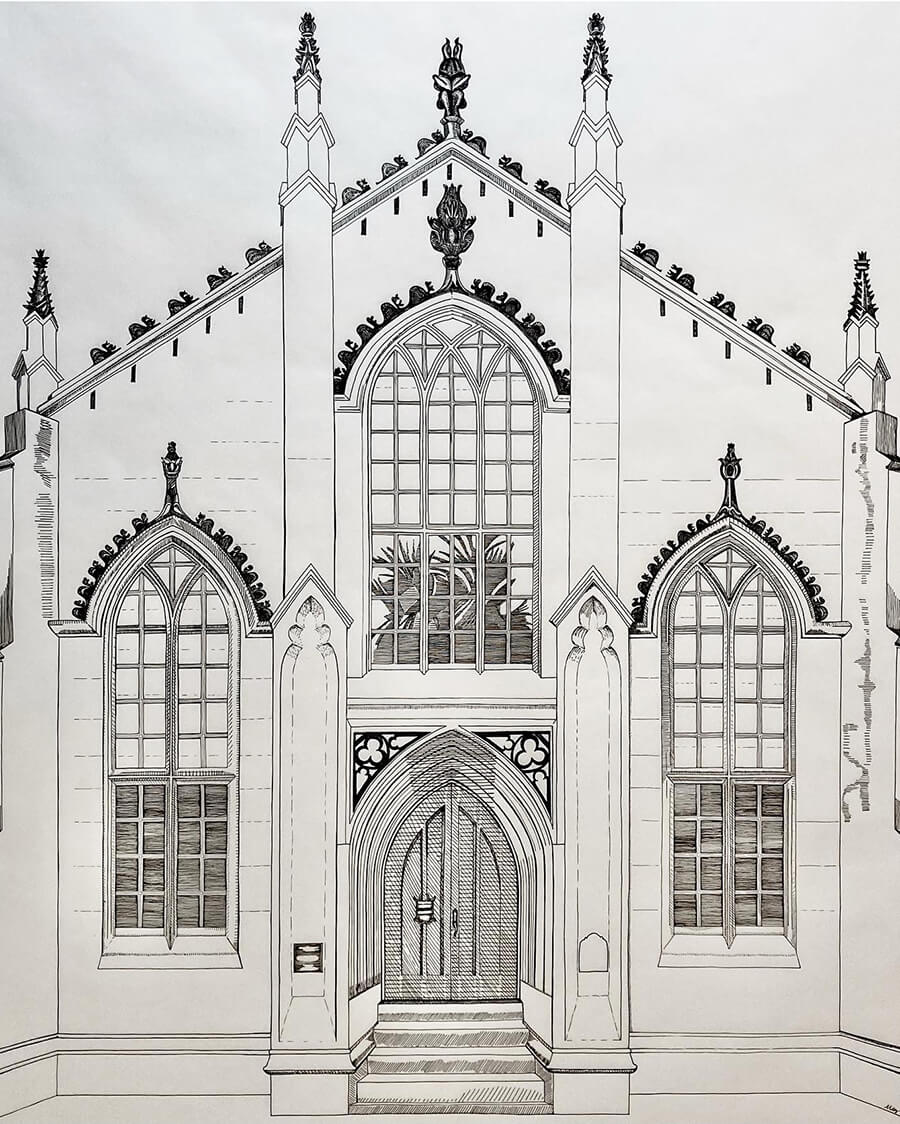 Huguenot Church Charleston pen and ink